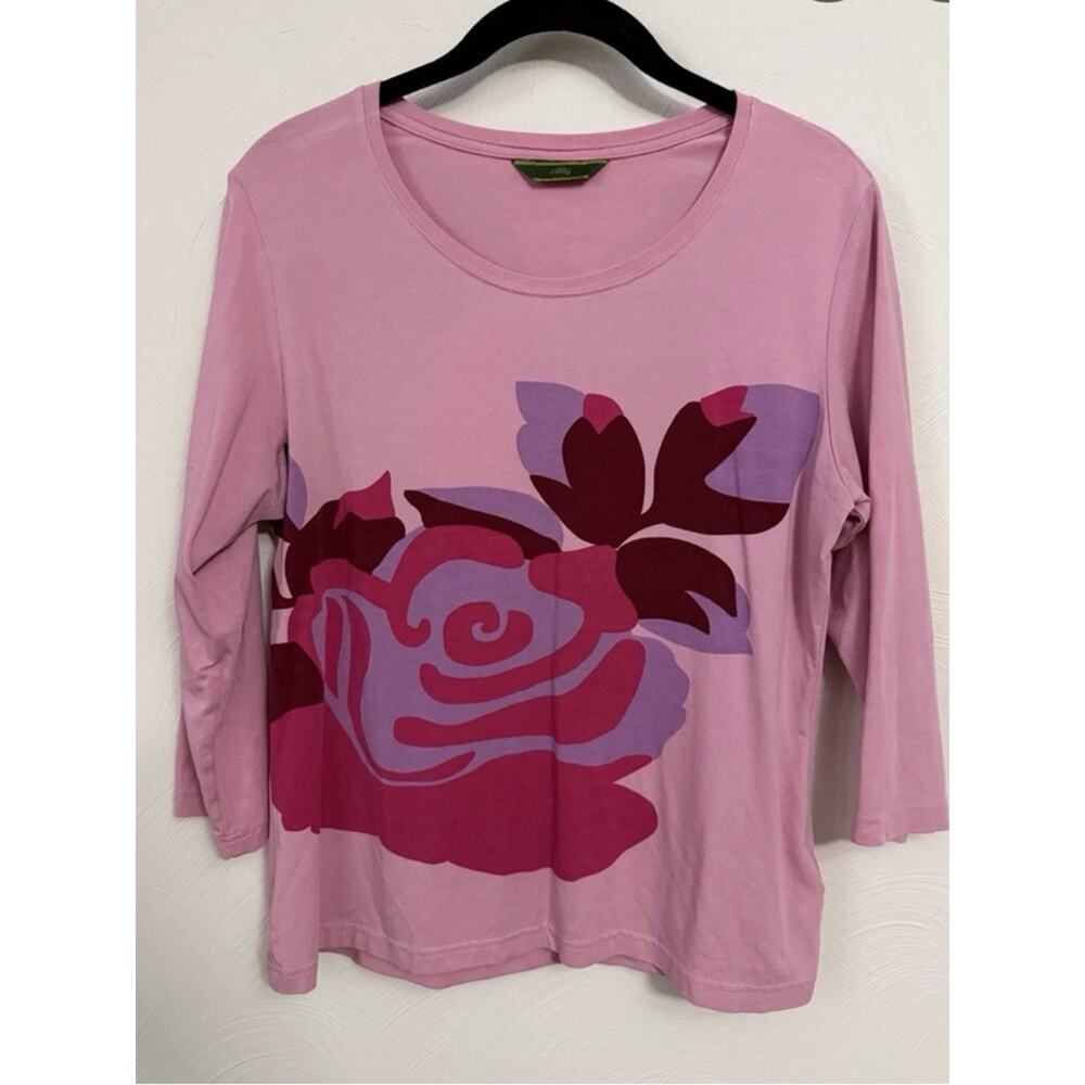 Oilily RARE Three-Quarter-Sleeve Bold Rose Motif Casual Pink Tee Women’s Size S
